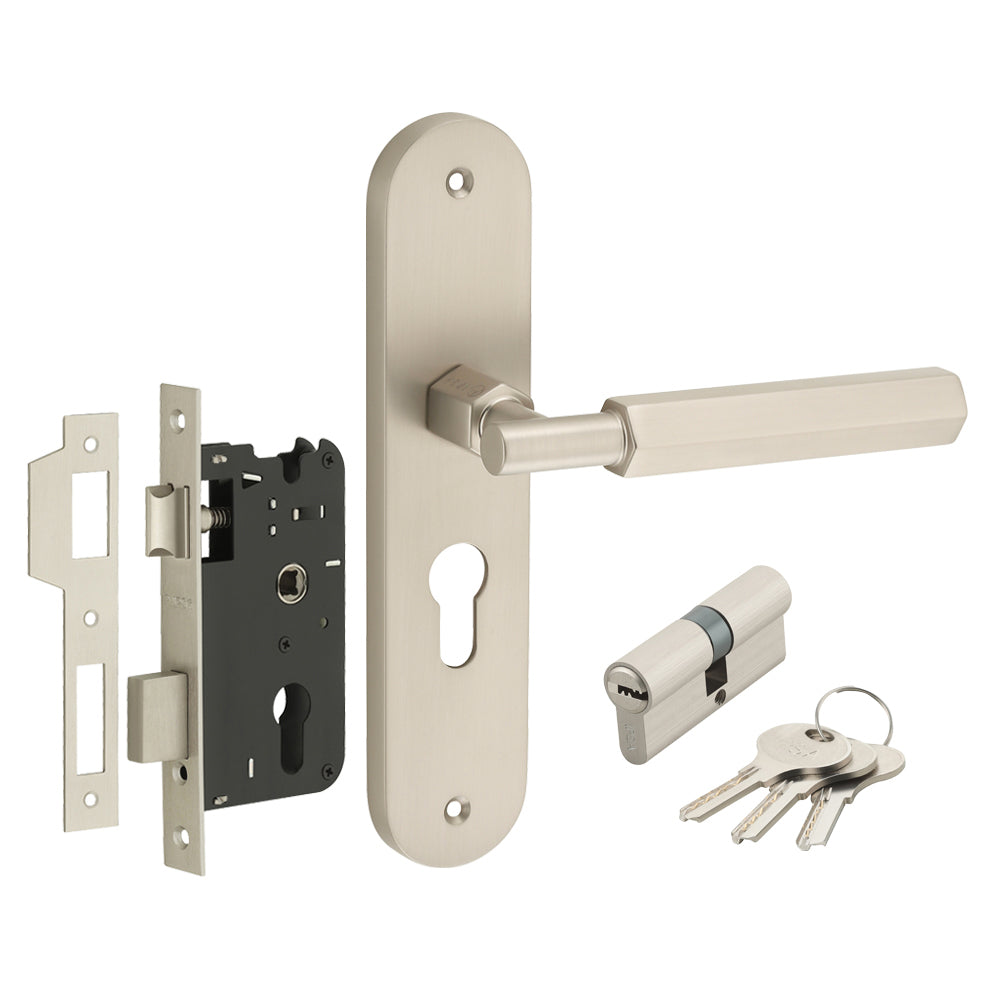 IPSA Bolt Moderna Handle Series on 8" Plate CYS Lockset with 60mm Both Side Key - Matte Satin Nickel Finish MSS