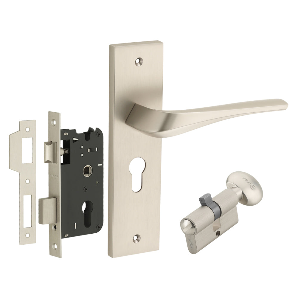 IPSA Sangria Moderna Handle Series on 8" Plate CYS Lockset with 60mm Coin and Knob - Matte Satin Nickel Finish MSS