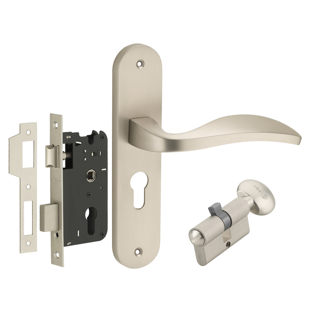 IPSA Scarlet Moderna Handle Series on 8" Plate CYS Lockset with 60mm Coin and Knob - Matte Satin Nickel Finish MSS