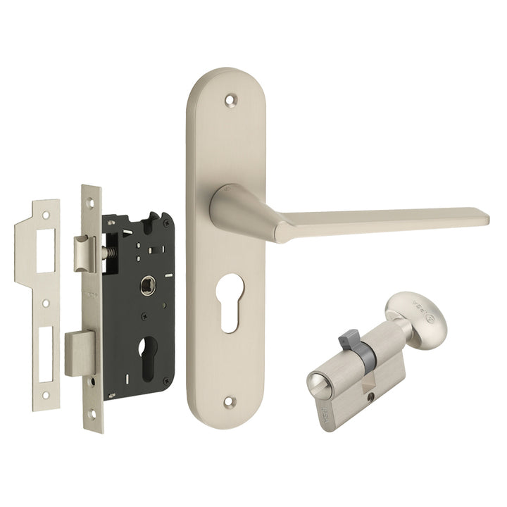 IPSA Pour Moderna Handle Series on 8" Plate CYS Lockset with 60mm Coin and Knob - Matte Satin Nickel Finish MSS