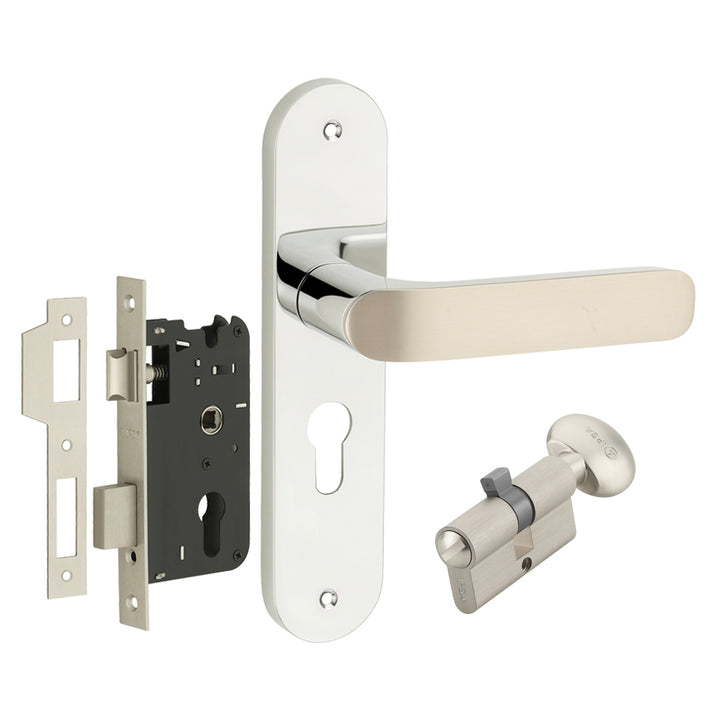 IPSA Plum Moderna Handle Series on 8" Plate CYS Lockset with 60mm Coin and Knob - Matte Satin Nickel Finish CPS