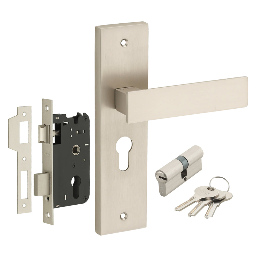 IPSA Sage Moderna Handle Series on 8" Plate CYS Lockset with 60mm Both Side Key - Matte Satin Nickel Finish MSS