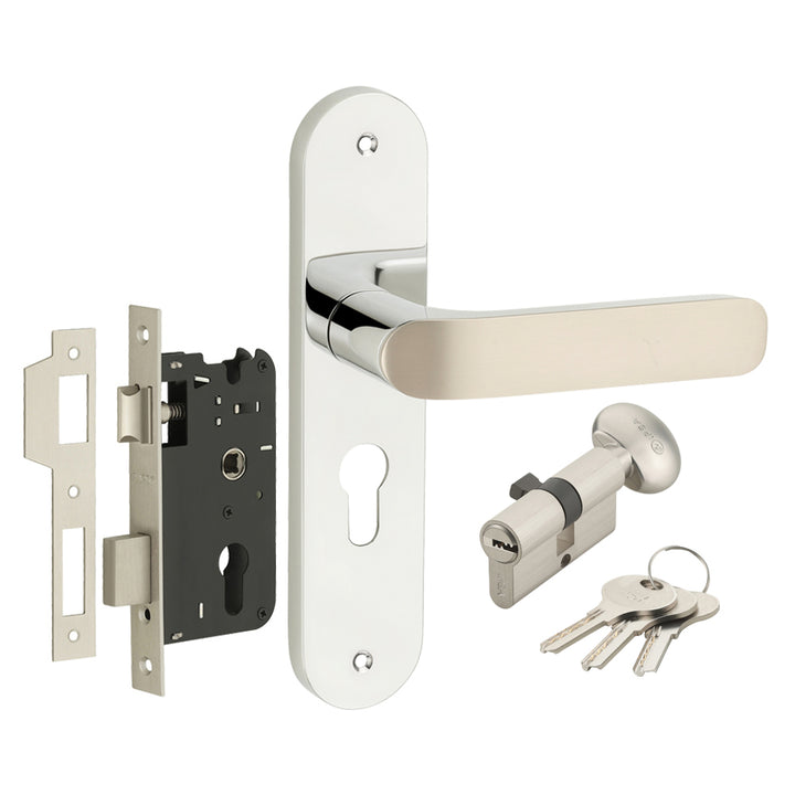 IPSA Plum Moderna Handle Series on 8" Plate CYS Lockset with 60mm One Side Key and Knob - Matte Satin Nickel Finish CPS