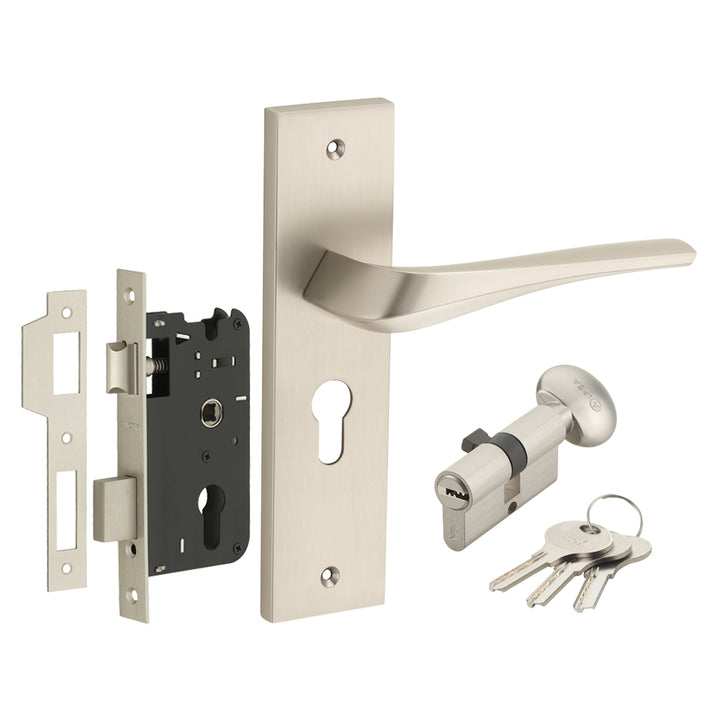 IPSA Sangria Moderna Handle Series on 8" Plate CYS Lockset with 60mm One Side Key and Knob - Matte Satin Nickel Finish MSS