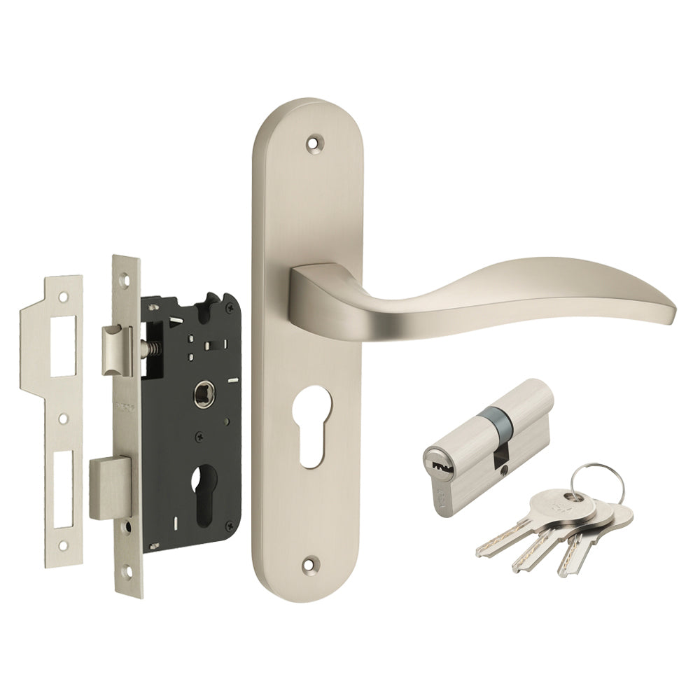 IPSA Scarlet Moderna Handle Series on 8" Plate CYS Lockset with 60mm Both Side Key - Matte Satin Nickel Finish MSS