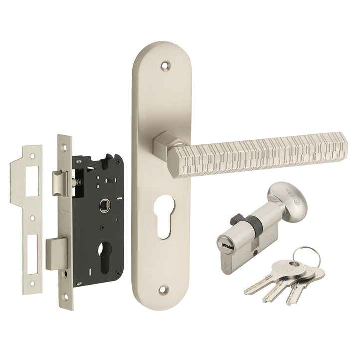 IPSA Maze Moderna Handle Series on 8" Plate CYS Lockset with 60mm One Side Key and Knob - Matte Satin Nickel Finish MSS