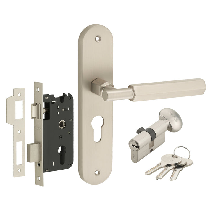 IPSA Bolt Moderna Handle Series on 8" Plate CYS Lockset with 60mm One Side Key and Knob - Matte Satin Nickel Finish MSS