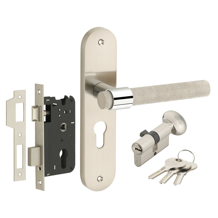 IPSA Gem Moderna Handle Series on 8" Plate CYS Lockset with 60mm One Side Key and Knob - Matte Satin Nickel Finish CPS