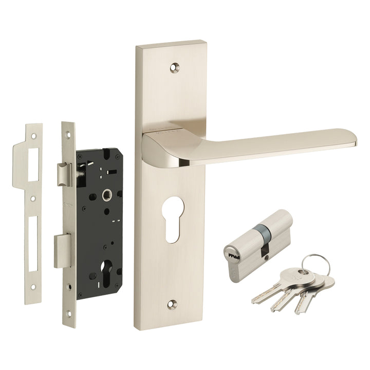 IPSA Chilli Moderna Handle Series on 10" Plate CY Lockset with 60mm Cylinder Both Side Key - Matte Satin Nickel Finish MSS