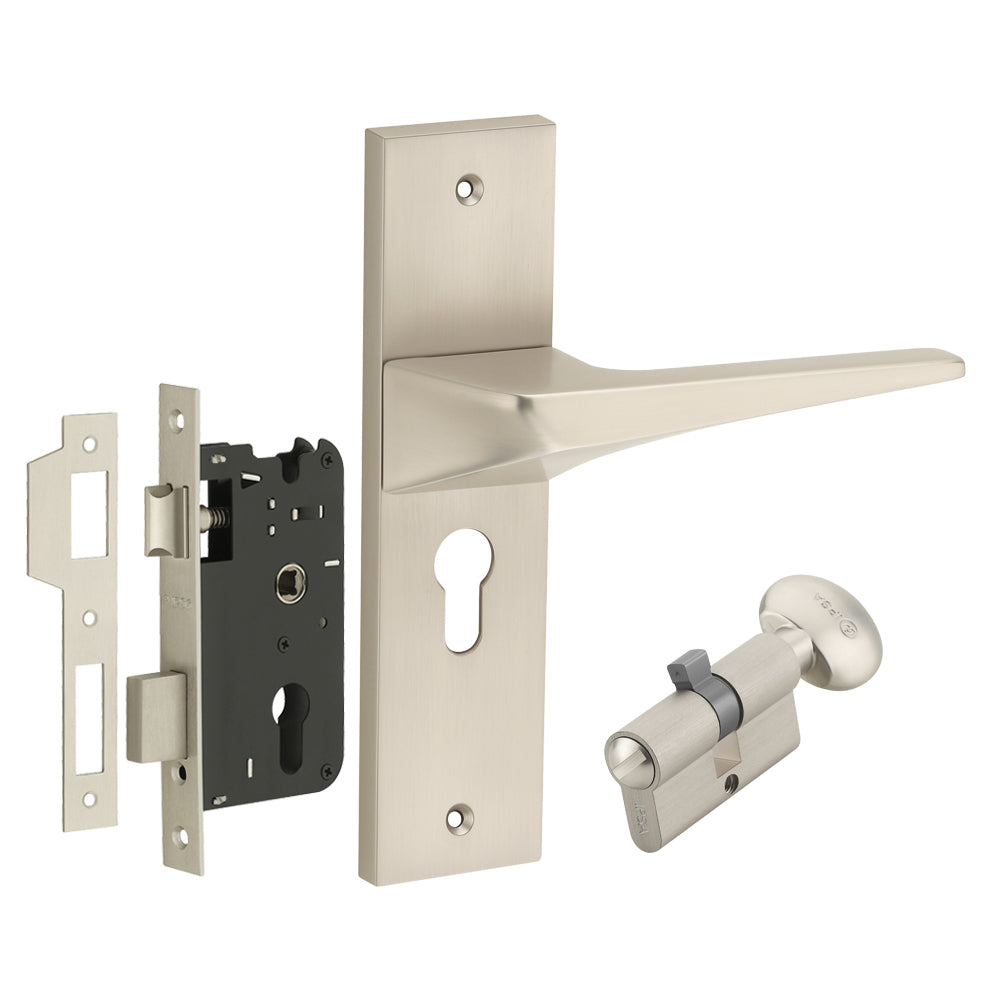 IPSA Smoke Moderna Handle Series on 8" Plate CYS Lockset with 60mm Coin and Knob - Matte Satin Nickel Finish MSS