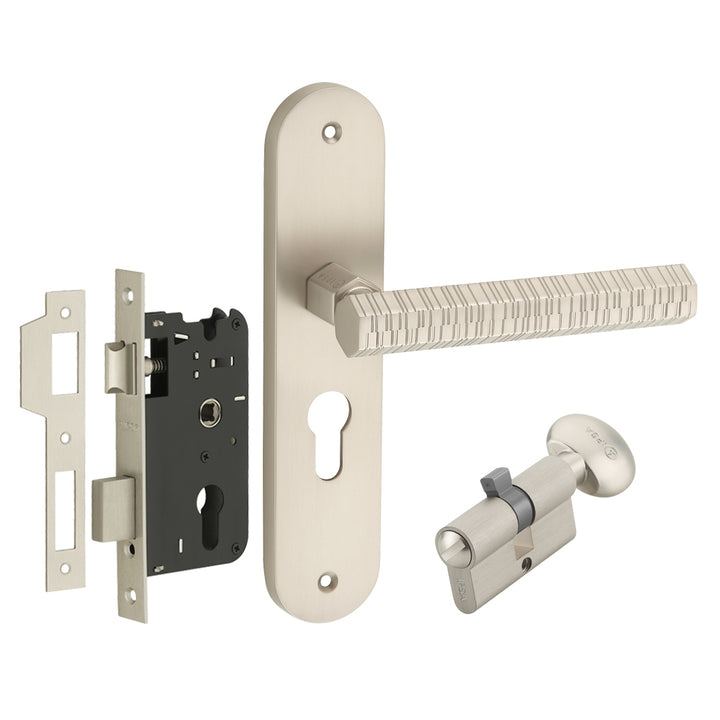 IPSA Maze Moderna Handle Series on 8" Plate CYS Lockset with 60mm Coin and Knob - Matte Satin Nickel Finish MSS