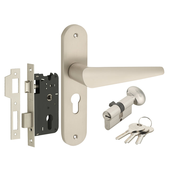 IPSA Bone Moderna Handle Series on 8" Plate CYS Lockset with 60mm One Side Key and Knob - Matte Satin Nickel Finish MSS