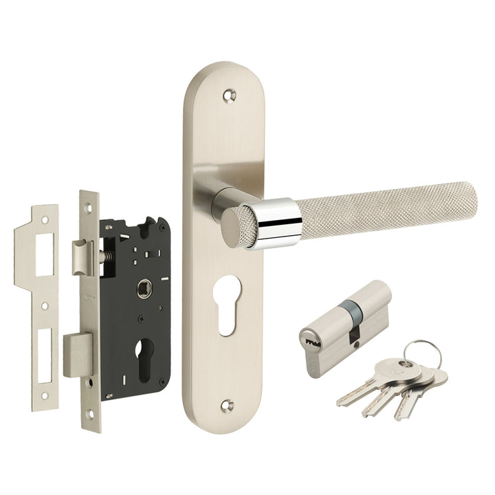 IPSA Gem Moderna Handle Series on 8" Plate CYS Lockset with 60mm Both Side Key - Matte Satin Nickel Finish CPS