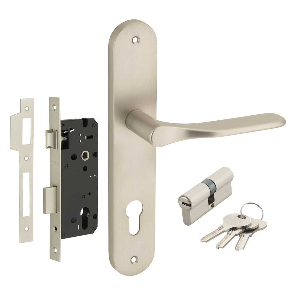 IPSA Wave Moderna Handle Series on 8" Plate CYS Lockset with 60mm One Side Key and Knob - Matte Satin Nickel Finish MSS