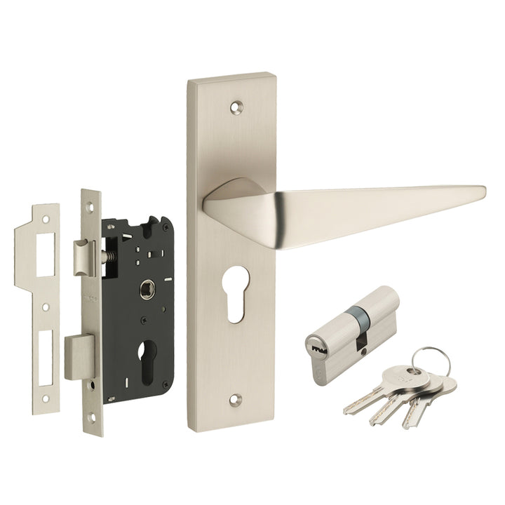 IPSA Capri Moderna Handle Series on 8" Plate CYS Lockset with 60mm Both Side Key - Matte Satin Nickel Finish MSS