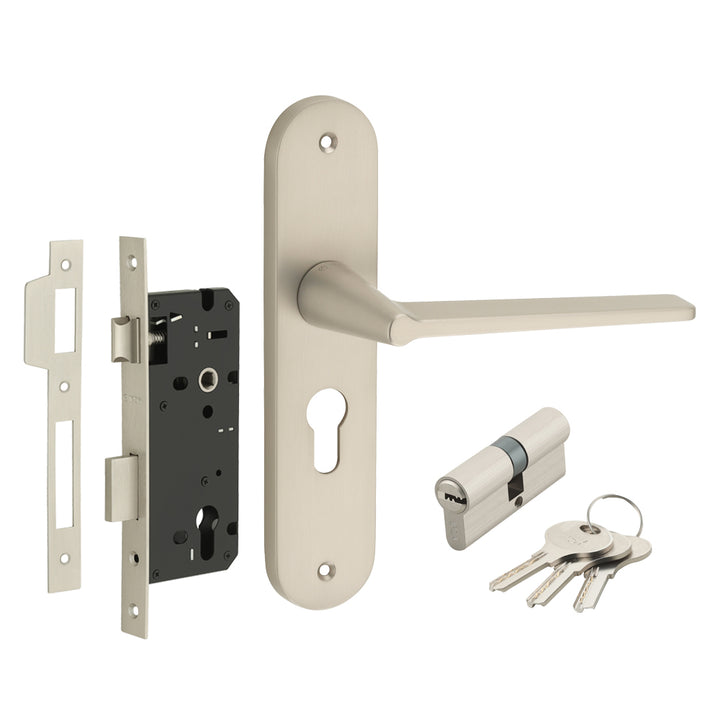 IPSA Pour Moderna Handle Series on 10" Plate CY Lockset with 60mm Cylinder Both Side Key - Matte Satin Nickel Finish MSS