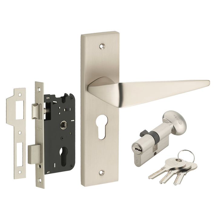 IPSA Capri Moderna Handle Series on 8" Plate CYS Lockset with 60mm One Side Key and Knob - Matte Satin Nickel Finish MSS