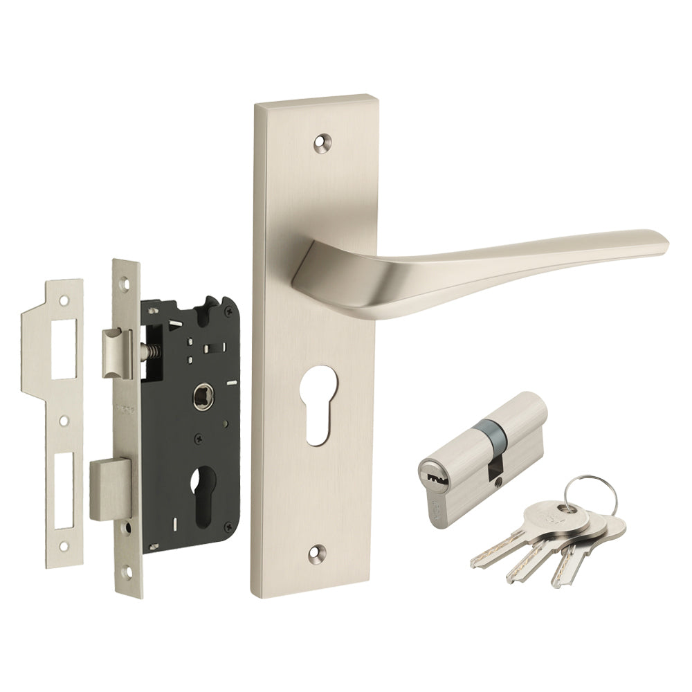IPSA Sangria Moderna Handle Series on 8" Plate CYS Lockset with 60mm Both Side Key - Matte Satin Nickel Finish MSS