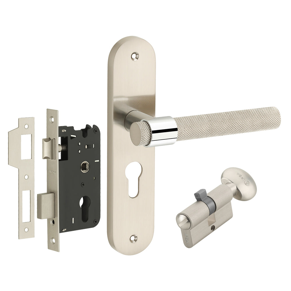 IPSA Gem Moderna Handle Series on 8" Plate CYS Lockset with 60mm Coin and Knob - Matte Satin Nickel Finish CPS