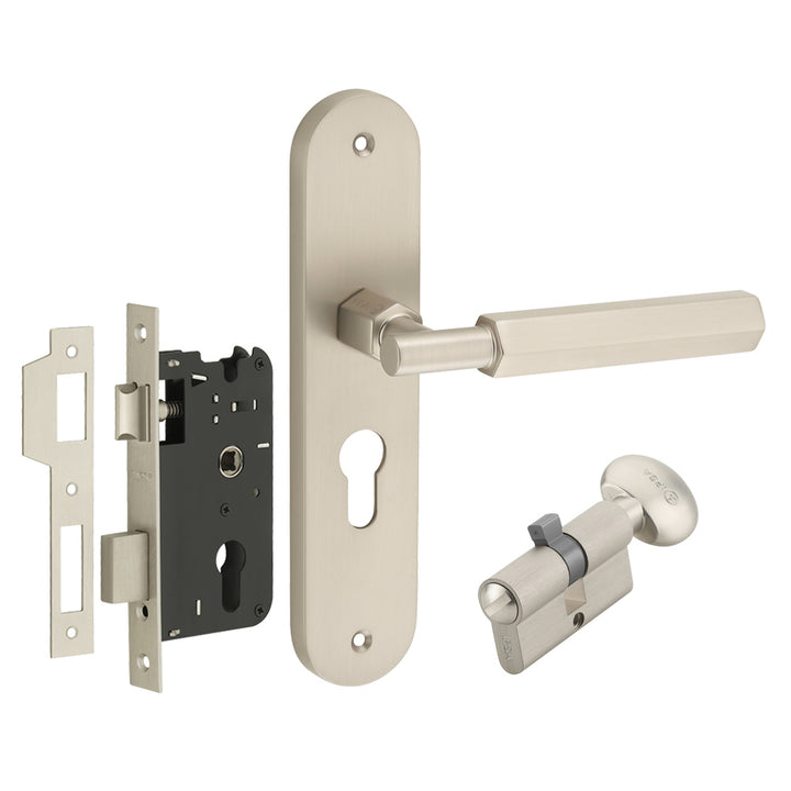 IPSA Bolt Moderna Handle Series on 8" Plate CYS Lockset with 60mm Coin and Knob - Matte Satin Nickel Finish MSS