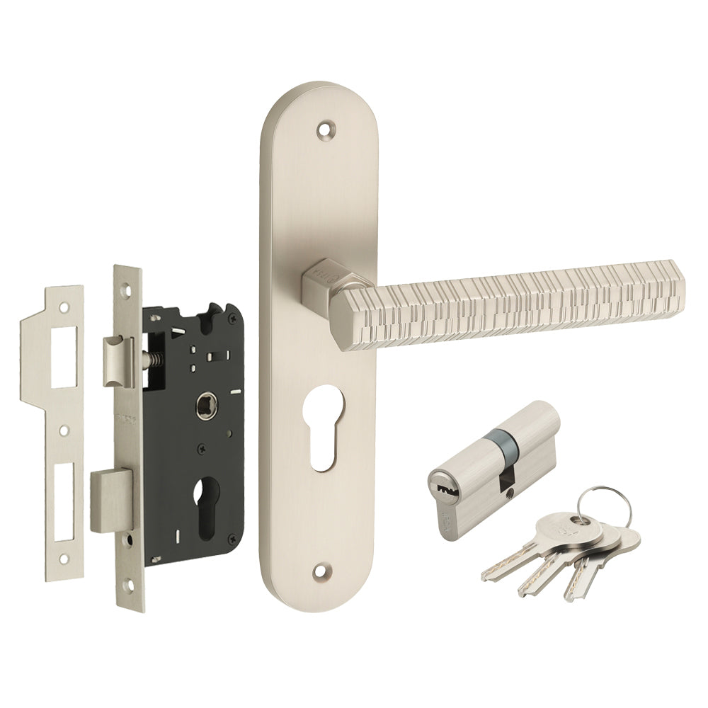 IPSA Maze Moderna Handle Series on 8" Plate CYS Lockset with 60mm Both Side Key - Matte Satin Nickel Finish MSS