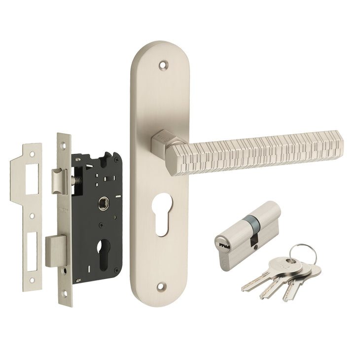 IPSA Maze Moderna Handle Series on 8" Plate CYS Lockset with 60mm Both Side Key - Matte Satin Nickel Finish MSS