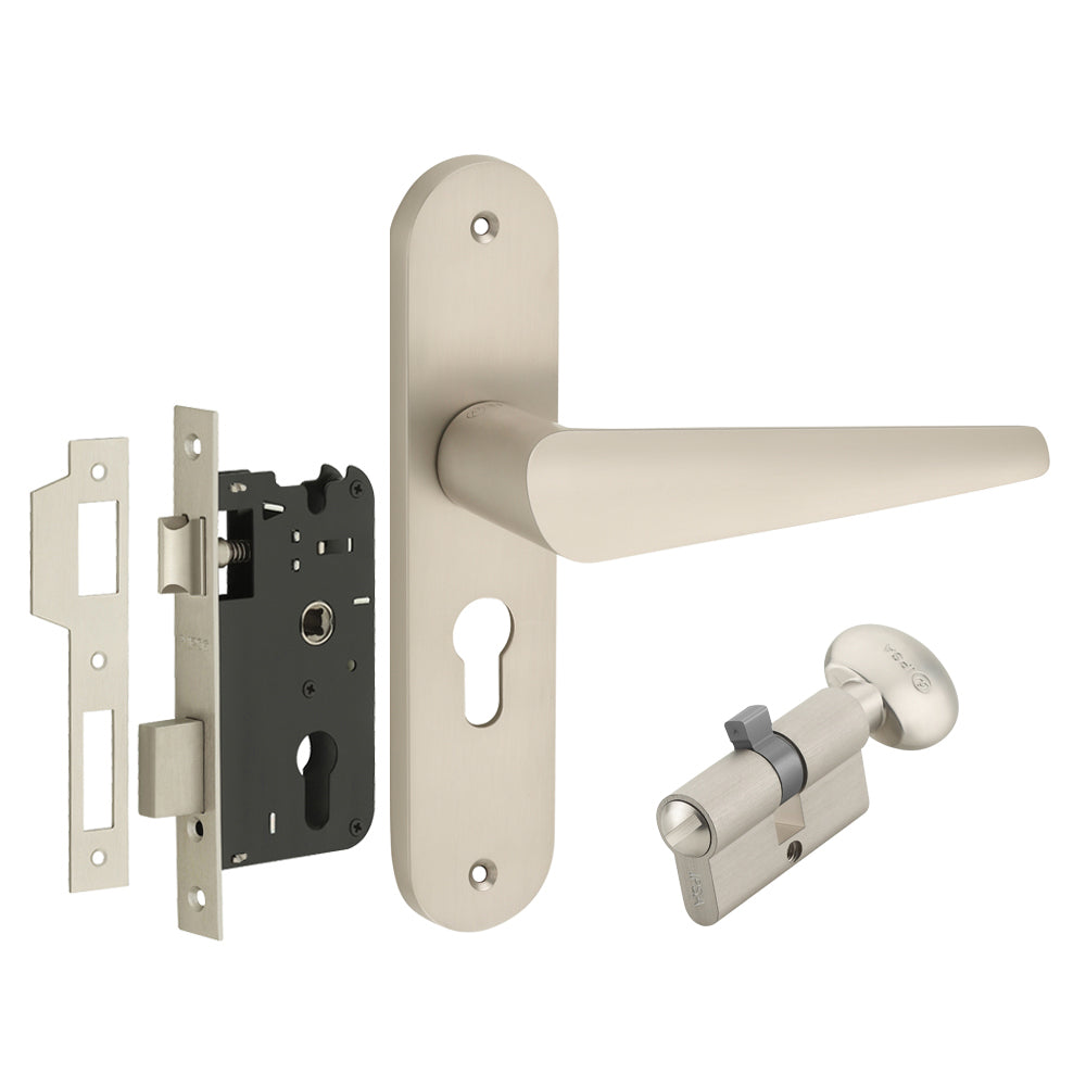 IPSA Bone Moderna Handle Series on 8" Plate CYS Lockset with 60mm Coin and Knob - Matte Satin Nickel Finish MSS