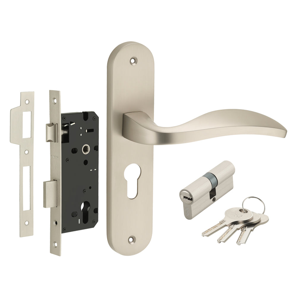 IPSA Scarlet Moderna Handle Series on 10" Plate CY Lockset with 70mm Cylinder Both Side Key - Matte Satin Nickel Finish MSS
