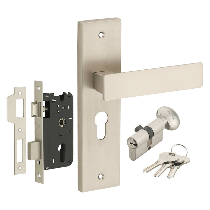 IPSA Sage Moderna Handle Series on 8" Plate CYS Lockset with 60mm One Side Key and Knob - Matte Satin Nickel Finish MSS