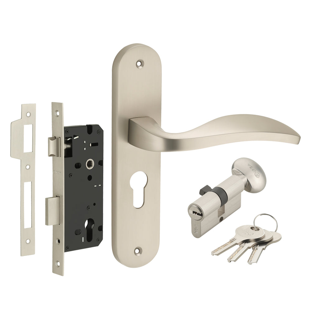 IPSA Scarlet Moderna Handle Series on 10" Plate CY Lockset with 60mm Cylinder One Side Key & Knob - Matte Satin Nickel Finish MSS
