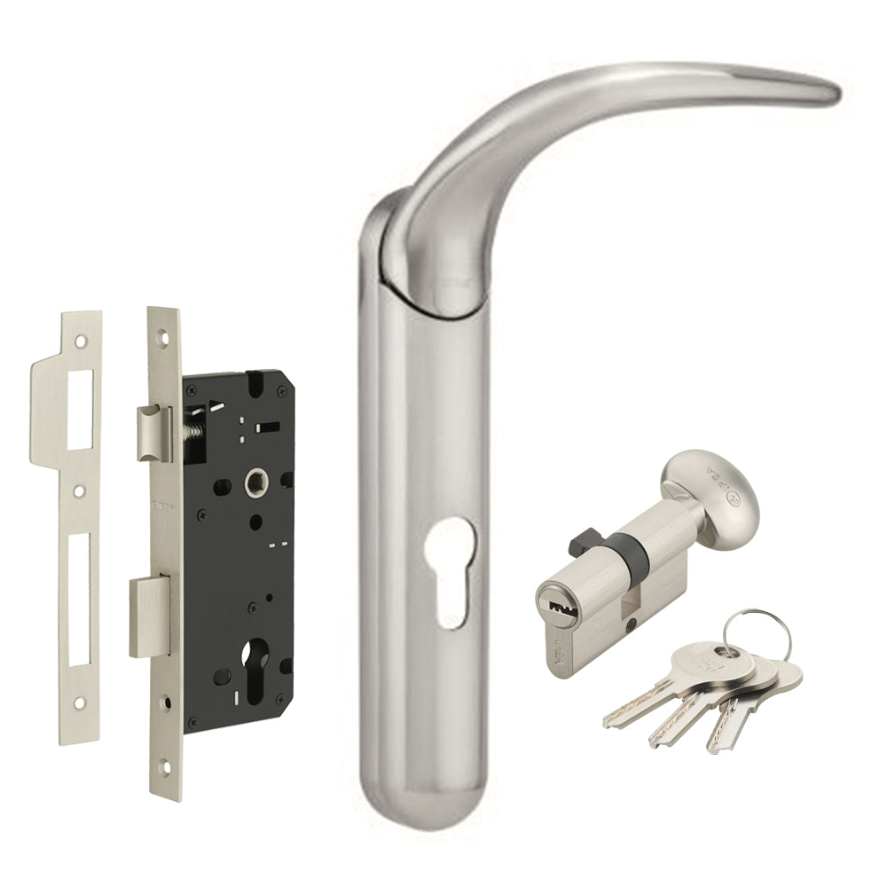 IPSA Olly Luxos Handle Series on 10" Plate CY Lockset with 80mm One Side Key & Knob Cylinder Finish - FSS