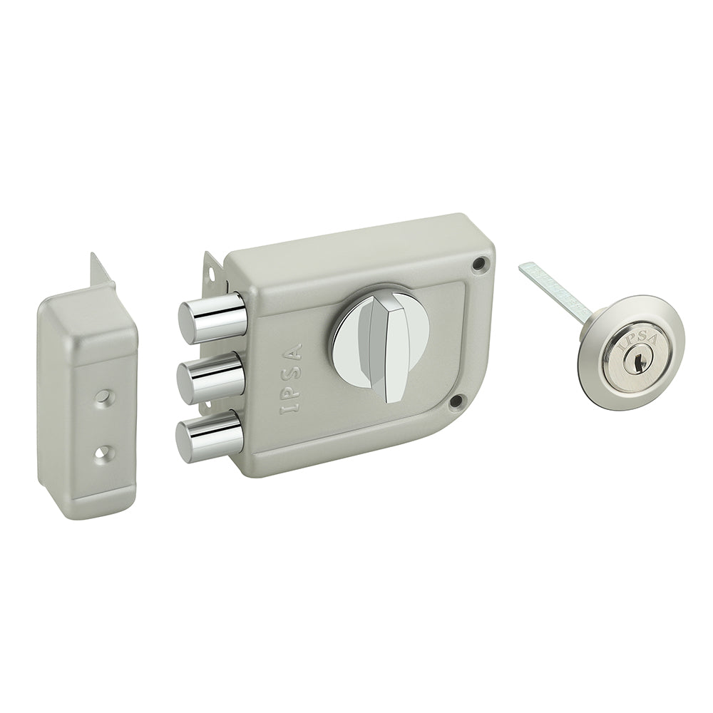 IPSA Mini Tribolt Main Door Rim Lock Lockset for Home with Computer Dimple Key Knob On Inside Small Deadlock Finish SS