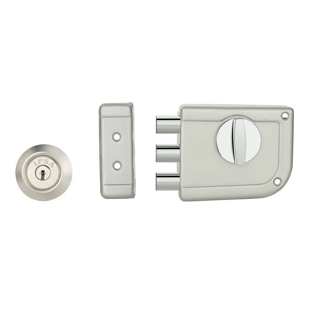 IPSA Mini Tribolt Main Door Rim Lock Lockset for Home with Computer Dimple Key Knob On Inside Small Deadlock Finish SS
