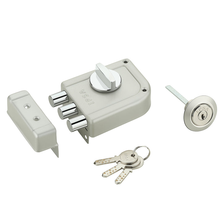IPSA Mini Tribolt Main Door Rim Lock Lockset for Home with Computer Dimple Key Knob On Inside Small Deadlock Finish SS
