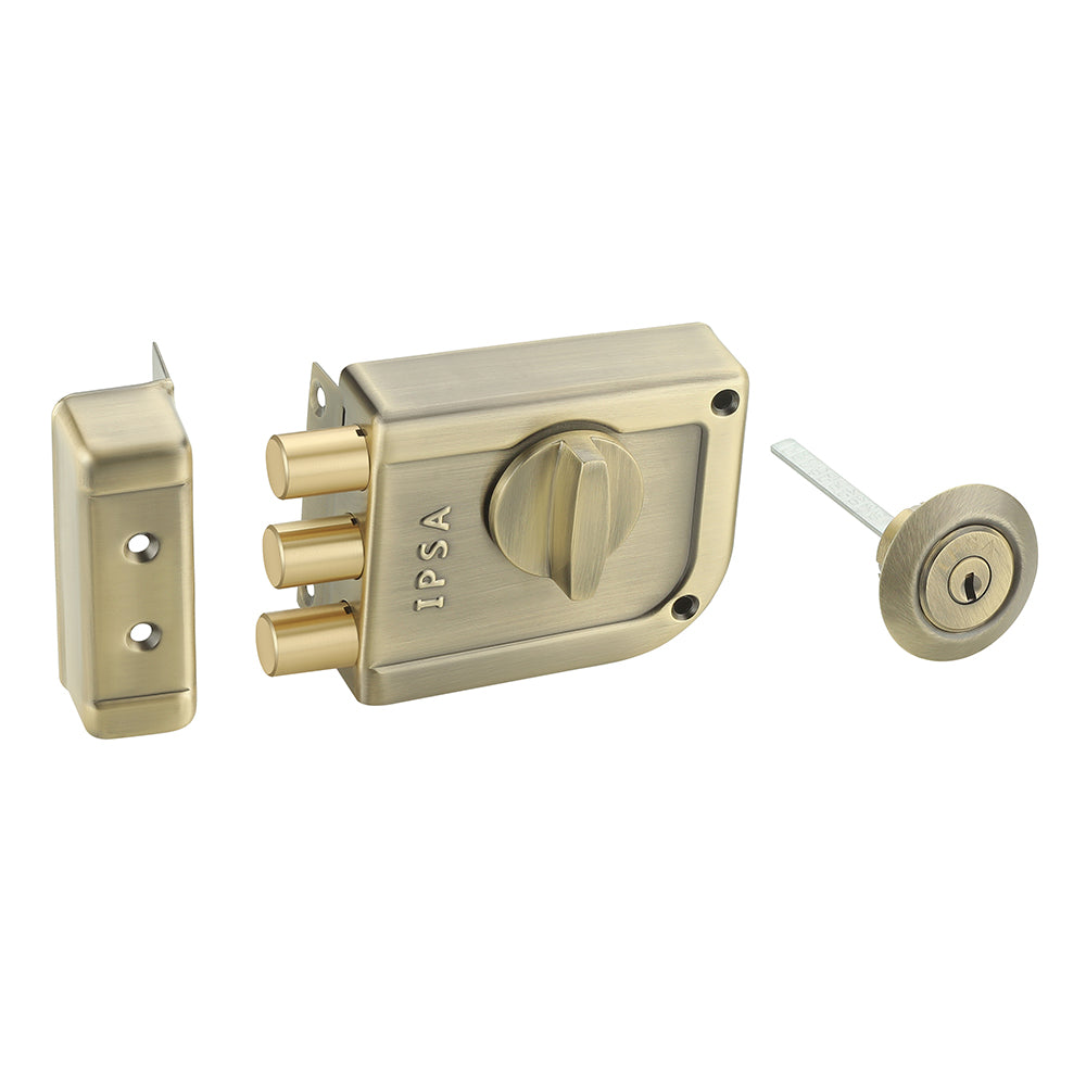 IPSA Mini Tribolt Main Door Rim Lock Lockset for Home with Computer Dimple Key Knob On Inside Small Deadlock Finish ATQ