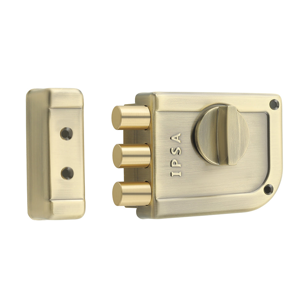 IPSA Mini Tribolt Main Door Rim Lock Lockset for Home with Computer Dimple Key Knob On Inside Small Deadlock Finish ATQ