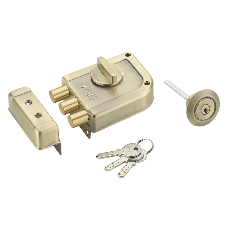 IPSA Mini Tribolt Main Door Rim Lock Lockset for Home with Computer Dimple Key Knob On Inside Small Deadlock Finish ATQ