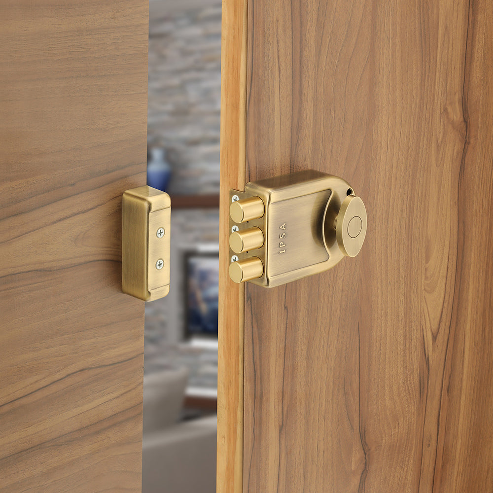 IPSA Big Tribolt Main Door Rim Lock Lockset for Home with Computer Dimple Key Knob On Inside Small Deadlock Finish ATQ