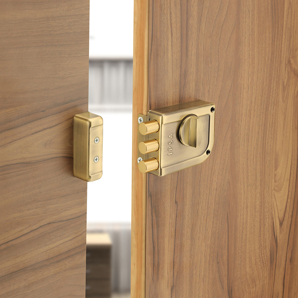 IPSA Mini Tribolt Main Door Rim Lock Lockset for Home with Computer Dimple Key Knob On Inside Small Deadlock Finish ATQ