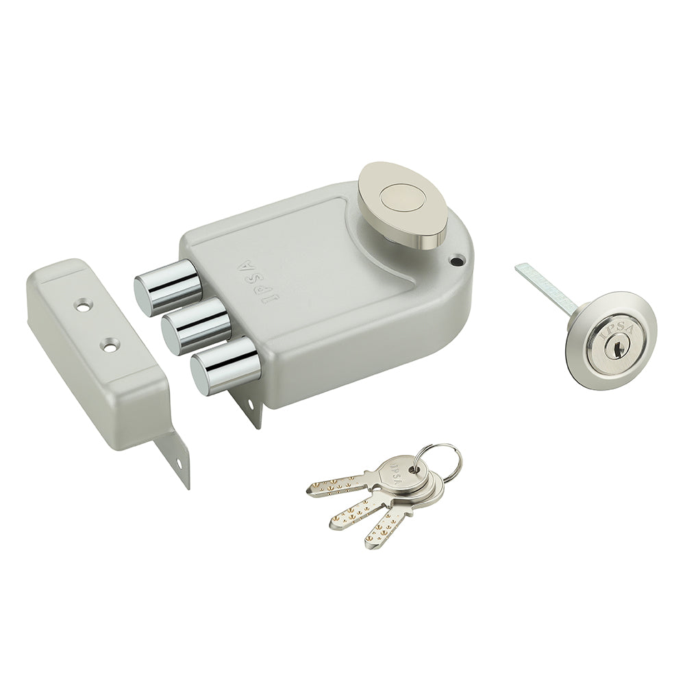 IPSA Big Tribolt Main Door Rim Lock Lockset for Home with Computer Dimple Key Knob On Inside Small Deadlock Finish SS