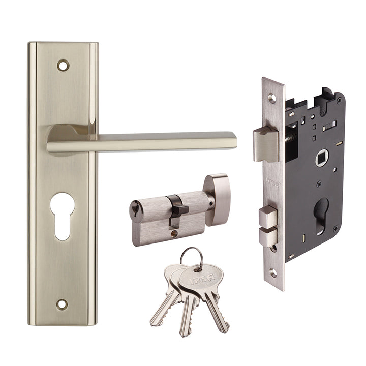 IPSA Mynza Mortise  Lever Door Handle Lockset On 8 Inch Plate With 1 Side Key 1 Side Knob Cylinder Finish MSS